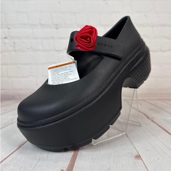 Crocs Stomp Rosette Mary Jane Black Red Rose Platform Clog Sandals M Sz 5/W Sz 7 - Picture 3 of 9